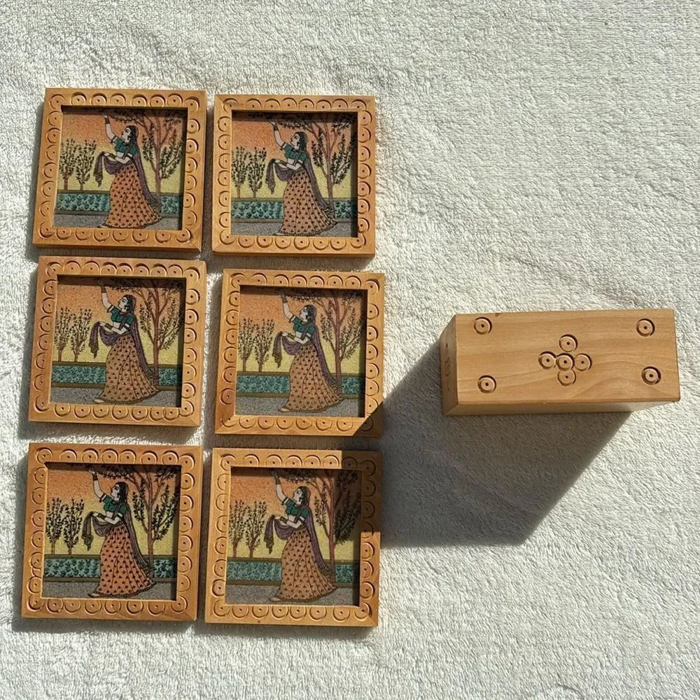 Gemstone Wood Coasters‎ Painted Square Tea India Drink Handmade Wooden Set = 6